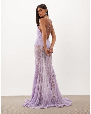 ASOS Maxikleid mit hotfix-verzierung, spitze, tiefem ausschnitt, offenem rücken und transparentem rock - Pink