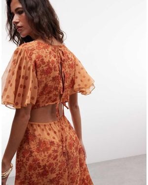Reclaimed Vintage Midi Tea Dress With Fluttter Sleeves - Orange
