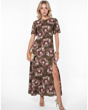 Lovedrobe Floral Tie-Back Angel Sleeve Midaxi Dress - Brown