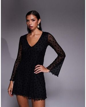 New Look Flocked V-neck Mesh Mini Dress - Grey