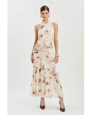 Bardot Leanna High Neck Ruched Waist Thigh Split Mesh Midi Dress - Natural