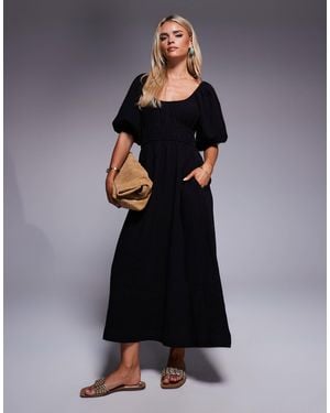 River Island Puff Sleeve Linen Look Midi Dress - Black