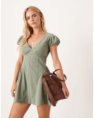 ASOS Asos Design Petite Corduroy Corset Waist Mini Dress With Puff Sleeves - Green