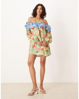 ASOS Ruffle Detail Bardot Mini Dress - Natural
