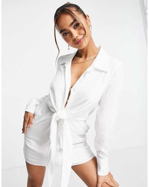 Style Cheat Knot Front Shirt Mini Dress - White