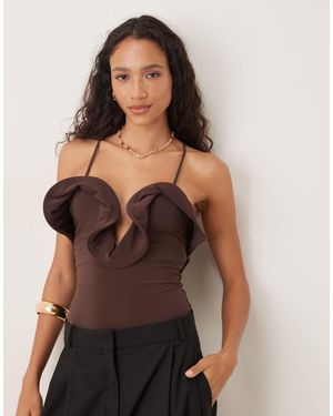ASOS Frill Detail Plunge Halterneck Bodysuit - Brown