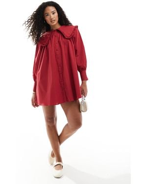 Miss Selfridge Frill Oversized Collar Poplin Smock Dress - Red