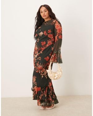 ASOS Asos Design Curve Long Sleeve Frill Seamed V Back Maxi Dress - Brown