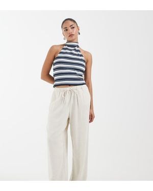 Only Petite Linen Mix Pull On Wide Leg Trouser - Blue