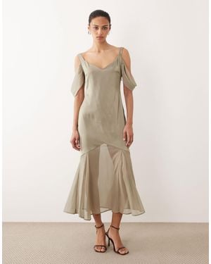 Pretty Lavish Cold Shoulder Drop Hem Sheer Maxi Dress - Natural