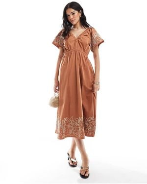 French Connection Cambria Cotton Embroidered Midi Dress - Brown