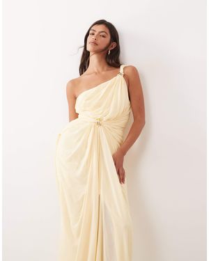 ARRANGE One Shoulder Draped Twist Detail Maxi Dress With Metal Trim Detail - Natural