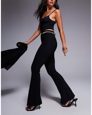 River Island Ribbed Flare Trousers With Belt - Black