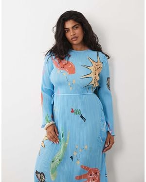 Never Fully Dressed Gaia - robe plissée mi-longue à manches longues et imprimé céleste - Bleu