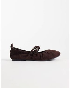 London Rebel Mia Faux Suede Strappy Ruched Ballet Flats - Brown