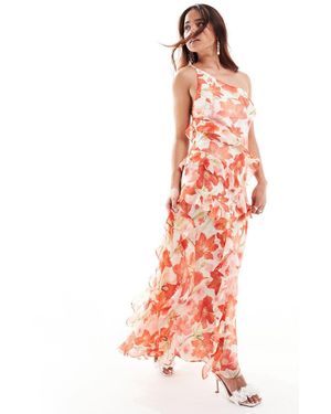 Forever New Vestito Lungo Monospalla Con Volant E Stampa Di Papaveri - Rosa