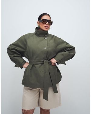 ASOS Asos Design Curve Funnel Neck Tie Belt Trench Coat - Green