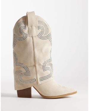 SEQWL Wide Fit Embelished Western Knee Boots - White