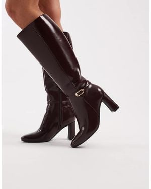 New Look Faux Leather Block Knee High Heeled Boots - Red