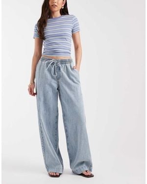 Pieces Tie Waist Wide Leg Mid Rise Jeans - Blue