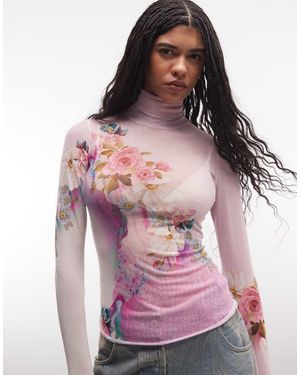 AFRM Top Rosa De Manga Larga Con Estampado Floral Y Cuello Alto De Malla Zadie De - Rojo