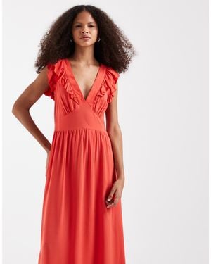 Vero Moda Easy Joy Ruffle Shoulder Plunge Front Midi Dress - Red