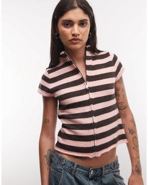 Collusion Gilet à col cheminée rayé et marron - Rose