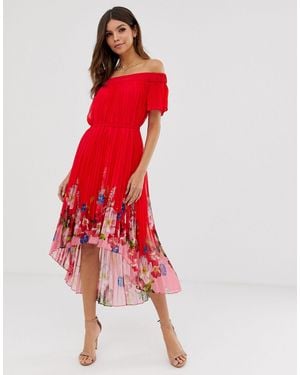 Ted Baker Berry Sundae Bardot Floral Off-the-shoulder Pleated High-low Dress - Red