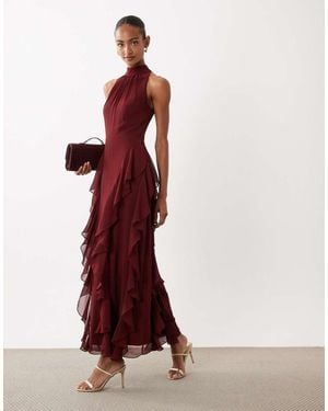 LACE & BEADS Chiffon High Neck Backless Ruffle Maxi Dress - Red