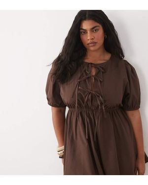 Esmee Curve Tie Front Puff Sleeve Mini Beach Dress - Brown