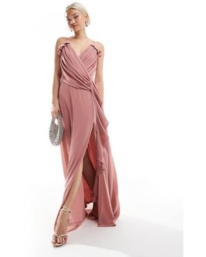 TFNC London Bridesmaid Wrap Front Chiffon Maxi Dress With Frill Detail And Split - Pink