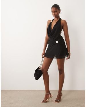 Oh Polly Plunging Halter Neck Backless Mini Dress - Natural