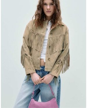 Stradivarius Fringed Leather Jacket - Natural