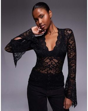 I.AM.GIA Gemma Semi Sheer Plunge Neck Long Fluted Sleeve Lace Top - Black