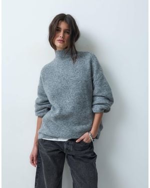 ASOS Relaxed Fluffy Funnel Neck Sweater With Wool - Blue