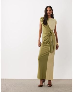 ASOS Falda Sarong De Conjunto Color Block Con Drape Y Lazo Delantero En Caqui-Verde - Neutro
