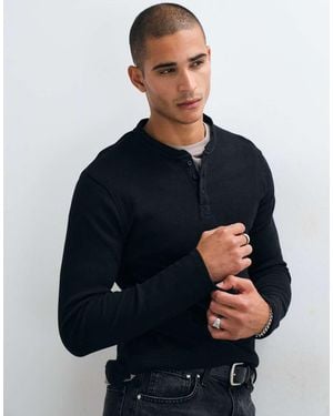 Brave Soul Long Sleeve Henley Waffle Knit T-shirt - Blue