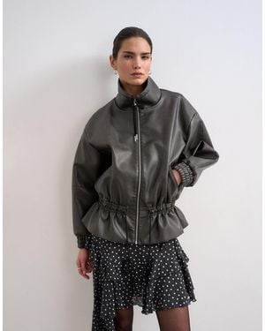 TOPSHOP Toggle Waist Leather Look Funnel Zip Through Jacket - Gray