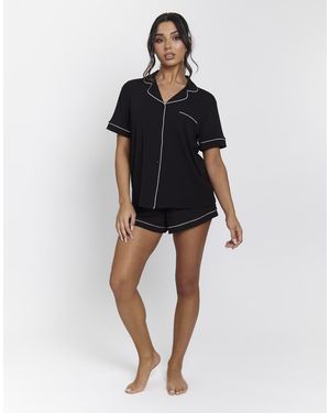 Loungeable Ladies Traditional Rib Short Pyjama Set - Black
