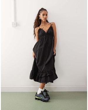 Collusion Nylon Volume Frill Hem Cami Strap Midi Dress - Black