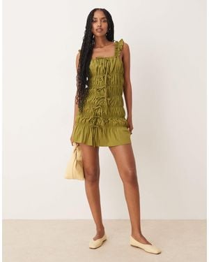 Daisy Street Ruched Tie Detail Mini Dress - Green