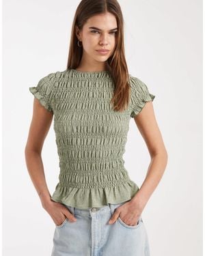 Daisy Street Shirred Short Sleeve Top - Green