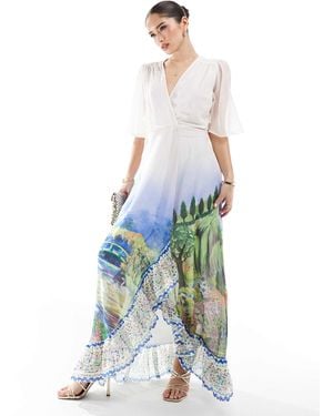 Hope & Ivy Flutter Sleeve Maxi Wrap Dress With Tie Waist - White