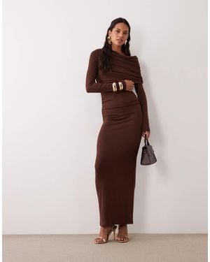 SNDY'S Asymmetric Shoulder Fold Over Detail Ruched Maxi Dress - Brown