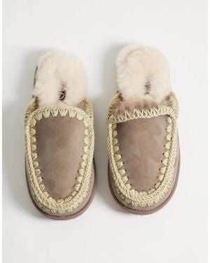 Mou Shearling Lined Overstitch Suede Slippers - Natural