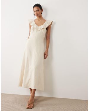 Mango Linen Mix Midi Dress With Ruffle Detail - Natural