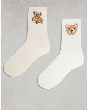 ONLY 2-pack Teddy Bear Embroidery Socks - White
