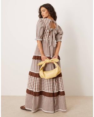 Neon Rose Gingham Ruffle Detail Puff Sleeve Smock Dress - Natural