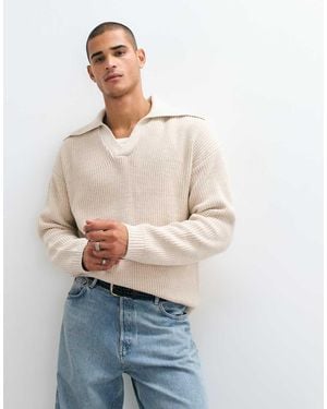 ASOS Oversized Knitted Extreme Open Collar Polo Jumper - Blue