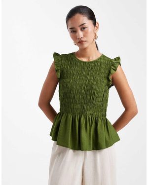 New Look Shirred Ruffle Sleeve Top - Green